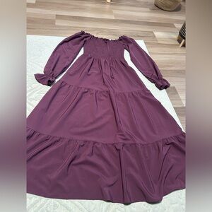 Purple Long Sleeve Cinched Waist Maxi Dresss